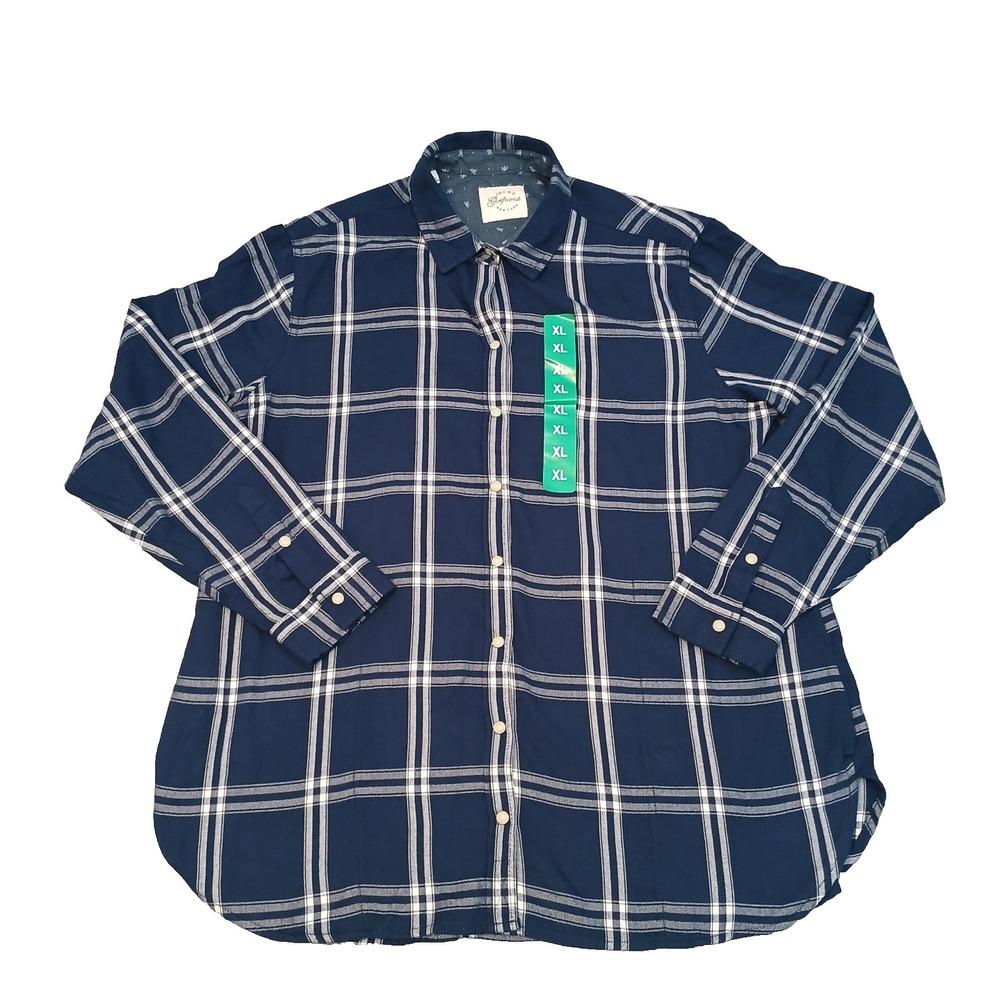 Jachs Girlfriend NY Plaid Snap Button Flannel Shirt Navy Blue White Size XL